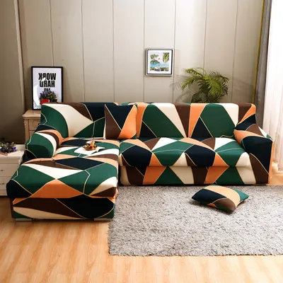Produktbild von Sofa Überwürfe Sofabezug L Form Elastische, Stretch Sofaüberwurf Antirutsch 2er Set 3 Sitzer + 3 Sitzer Sofahusse Sofa Bezug für L-Form Sofa mit 4 Stücke Kissenbezug (Orange Grün Geometrie)