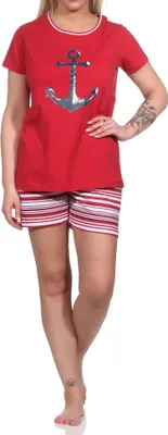 Produktbild von Damen Shorty Pyjama mit Anker-Motiv und gestreiften Shorts - 122 205 10 755 ; rot , 36-38