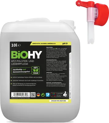 Produktbild von BIOHY KFZ Polster- & Lederpflege (10l Kanister) + Auslaufhahn | KFZ- Aufbereitung | Cockpitreiniger für Reinigungspistolen | Hinterlässt einen angenehmen Geruch | Fleckenentferner für Autositze