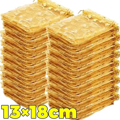 Produktbild von Organza-Geschenkbeutel - Schmuckbeutel - Zugband - 13 x 18 cm - Goldfarben - 100 Stück