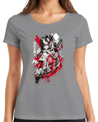 Zdjęcie produktu dla Koszulka damska z motywem anime, przedstawiająca katany, Japonię, samurajów, styl techwear i streetwear, w stylu Y2K, dla fanów anime (otaku), kolor: szary, rozmiar: XL