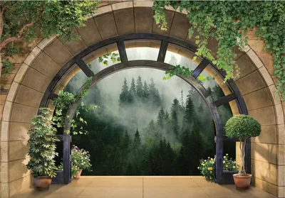 Produktbild von Vlies Fototapete 3D EFFEKT Wald Nebel (416x254cm - 4 Bahnen) Fenster Ausblick Natur inklusive Kleister Wohnzimmer Schlafzimmer Wandtapete Tapete Latexdruck UV-Beständig Montagefertig