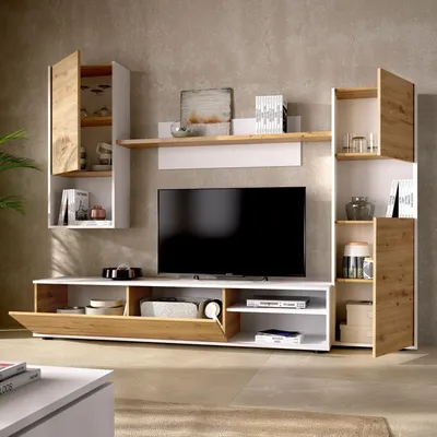 Produktbild von Wohnwand Dzuell, TV-Ständer-Wohnzimmerset, Mehrzweck-Wohnzimmermöbel, 220 x 41 x 180 cm, Node Oak und Weiß