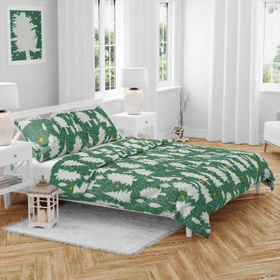 Obrázok produktu pre Vianočná bavlnená posteľná bielizeň Stromky zelená 140x200, 70x90 cm