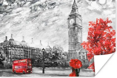Produktbild von MuchoWow® Poster Gemälde - Big Ben - Rot - Regenschirm 120x80 cm - Bilder