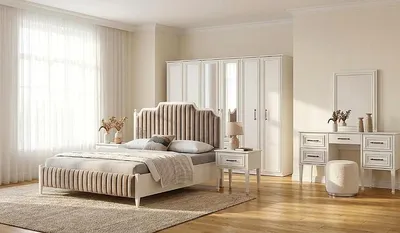 Zdjęcie produktu dla Kompletny zestaw do sypialni: łóżko, 2 stoliki nocne, szafa i toaletka