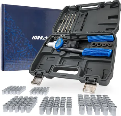 A rivet gun tool kit with its case and a box of rivets.