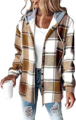 Produktbild von ASKSA Damen Winterjacke Karierte Hemdjacke Wolljacke Fleece Gefuettert Warme Kapuzenjacke Laessige Knopfleiste Jacke Mantel mit Taschen (Khaki,S)