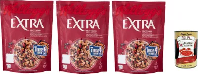 Produktbild von Extra Frutti Rossi Knusprige Haferflocken mit Rote Früchte, Früchten 3x 375 g Packung + Italian Gourmet polpa 400g