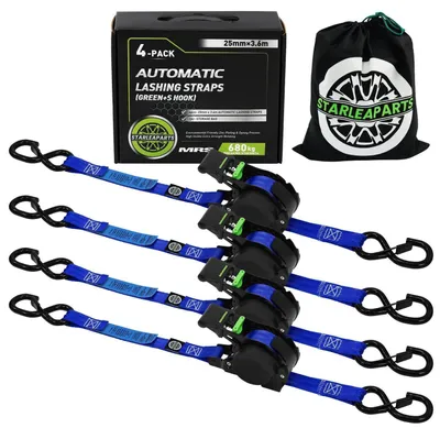 Obrázek produktu pro Popruhy s háky ve tvaru "S", automaticky navíjecí, délka 3,6 m, šířka 25 mm, nosnost 340 kg / 680 kg, 4 kusy, modré