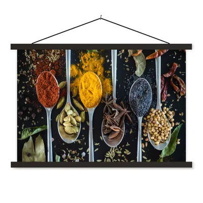 Produktbild von MuchoWow® Textilposter Gewürze - Löffel - Schwarz - Küche 90x60 cm mit schwarzem Rahmen - Aufhängungssatz