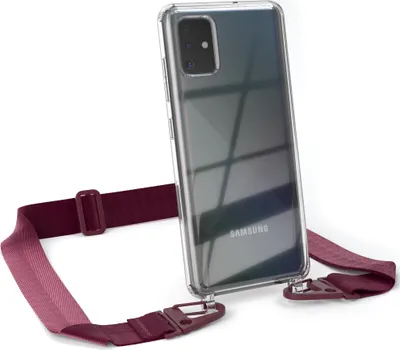 Produktbild von EAZY CASE - Hülle mit Band für Samsung Galaxy A51, Handyhülle mit Umhängeband, Silikonhülle transparent, Handykette in Rot
