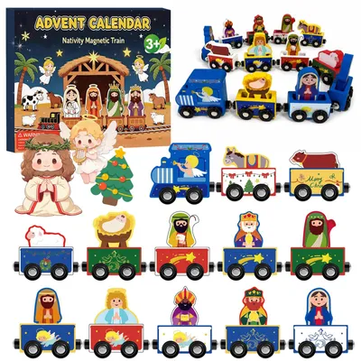 Productafbeelding van Adventskalender 2026 kinderen - Magnetische houten spoorbaan met kerststalfiguren - 24 dagen - Kerstverrassingskalender