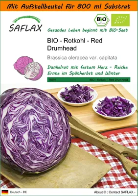 Produktbild von SAFLAX - Garden in the Bag - BIO - Rotkohl - Red Drumhead - 250 Samen - Mit Anzuchtsubstrat im praktischen, selbst aufstellenden Beutel - Brassica oleracea