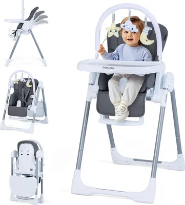 Produktbild von COSTWAY Kinderhochstuhl, Babystuhl mit Liegefunktion, Rückenlehne, Spielbügel & Rollen, Babyhochstuhl für Kinder ab 6 Monaten (Dunkelgrau)