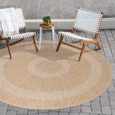 Produktbild von Runder Outdoor Teppich Vintage Design Wetterfest Naturfarben für Terrassen Küchen Balkon auch Wohnzimmer, Größe: 160 cm Rund, Farbe: Beige-1