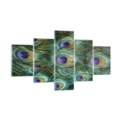 Produktbild von Bilder auf glas - 5 Teile - Pfauen Feder Makro - 125x70cm - Glasbilder - Wandbilder - Bilder - zum Aufhängen bereit - Wanddekoration aus Glas - Glas Bilder - Wandbild auf Glas - GEA125x70-4159