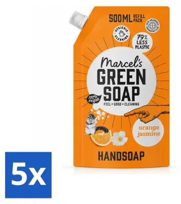 Image de 5 flacons recharge de savon pour les mains "Marcel's Green Soap" - Orange et jasmin - 500 ml - Pack économique - 5 pièces