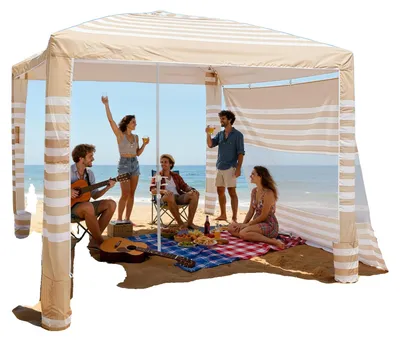 Produktbild von VEVOR Strandcabanas, 2,4 x 2,4 m Strandüberdachung mit Seitenwand, UPF 50+ Schutz, einfach aufzubauendes Cabanazelt mit Sandtaschen, höhenverstellbarer tragbarer Schatten-Sonnenschutzschirm für die Familie, marineblau gestreift, 240x240 cm-c, Khaki Weiß Streifen