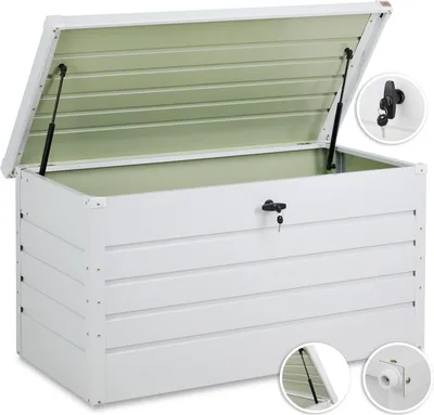 Image de GARDEBRUK® Coffre de rangement en métal Blanc 120x62 cm 385 L Verrouillable Extérieur Coffre jardin Coussin Rangement