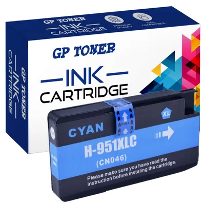 A cyan ink cartridge and its packaging.