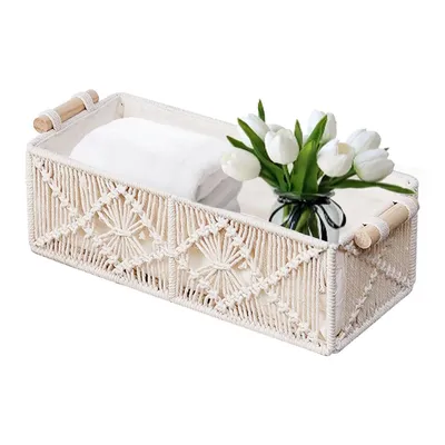 Produktbild von Boho Aufbewahrungskorb mit Spitzen – Handgefertigter Deko Korb für Bad & Schlafzimmer, 30x14x10 cm