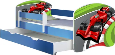 A children's bed with a race car theme.