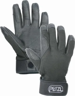 Schwarze Kletterhandschuhe 'Cordex' von Petzl; mit gepolsterten Handflächen und elastischem Handgelenk.