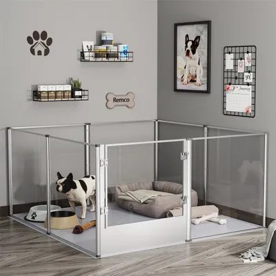 WISFOR Wybieg dla szczeniąt nowoczesny, wybieg dla szczeniąt DIY 8-częściowy akrylowy, wybieg z drzwiczkami, wybieg dla zwierząt 120 x 120 x 61 cm