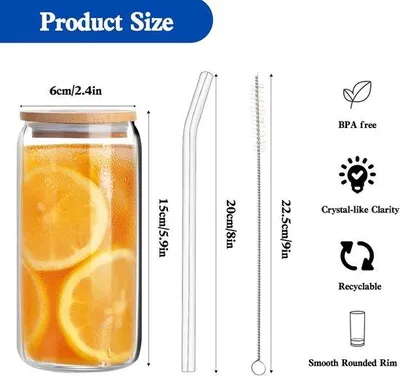 Image de Pots en bambou avec pailles en verre, gobelets de 47 cl, parfaits pour l'eau ou les cocktails