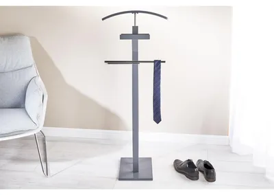Zdjęcie produktu dla Szafka na ubrania ROBIN, elegancki wieszak na odzież z półką na spodnie, praktyczna szafka pomocnicza z półką na biżuterię, nowoczesna szafka damska w kolorze szarym