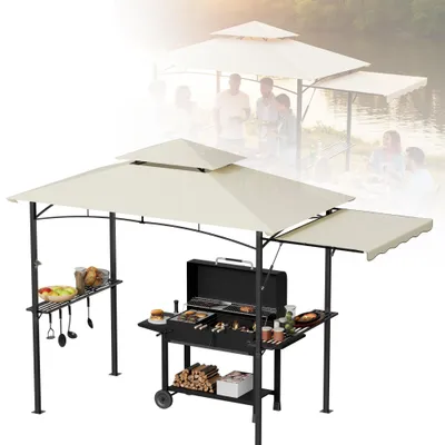 Obrázek produktu pro Grilový altán CEEDIR 244 x 153 x 250 cm, s boční markýzou, dvojitou střechou, bočními policemi, kovovým košem, háčky a otvírákem na láhve, grilovací přístřešek odolný proti povětrnostním vlivům do zahrady, béžový
