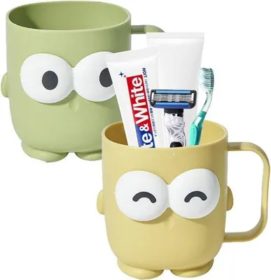 Produktbild von Kinderzahnspülbecher - Set aus 2 - Grün/Gelb - Herstellbar - Badzahnbürstehalter - Cartoon-Design - mit Griff - für Kinder