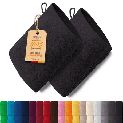 Produktbild von EllaTex PARIS 2er Set Waschhandschuhe 15x21 cm – 100% Baumwolle, 500 g/m² Frottier, in Farbe: Schwarz