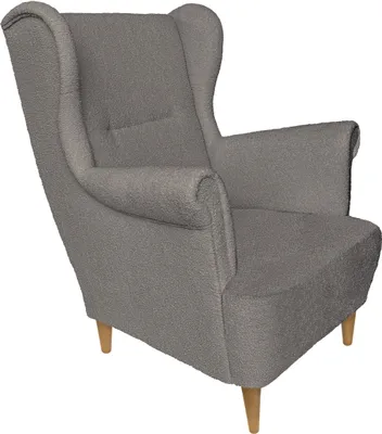 Produktbild von Křeslo THRON křídlové křeslo obývací pokoj bouclé podnož z přírodního dřeva Pohodlné relaxační křeslo moderní ložnice, šedé, 102 x 95 x 81 cm