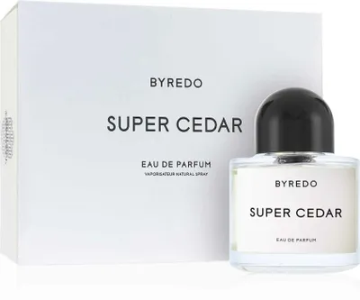 A product shot of Byredo Super Cedar Eau de Parfum and its packaging.