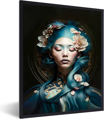 Produktbild von MuchoWow® Gerahmtes Poster Frauen - Blumen - Porträt - Asiatisch 30x40 cm - Poster mit Schwarzem Bilderrahmen Wandposter Rahmen Foto Bilder - Wanddeko - Kunstdrucke