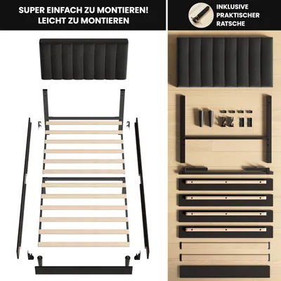 Produktbild von Polsterbett 90x200 cm, Bettgestell mit Höhenverstellbarem Kopfteil und Lattenrost, Stabiler Bettrahmen, Bis 300 kg, Gepolstertes Bett, Schwarz