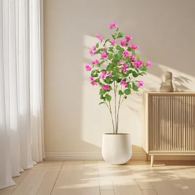 Produktbild von Künstliche Bougainvillea, 120 cm hoch, künstliche Pflanze in einem schwarzen Topf, realistischer künstlicher Baum mit Bougainvillea-Blüten für Zuhause, Wohnzimmer, Schlafzimmer, Küche, Esszimmer.