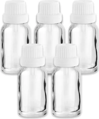 Produktbild von 5x Klarglasflasche 15 ml mit weißem Tropfer Tropfeinsatz Tropfflasche