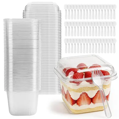 50 Dessertgläser aus Kunststoff, 300 ml, mit Deckel und Löffeln