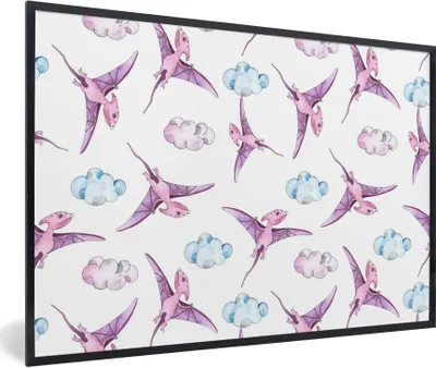 Produktbild von MuchoWow® Gerahmtes Poster Kinderzimmer - Wolken - Dinosaurier - Mädchen - Kinder - Rosa - Kind 90x60 cm - Poster mit Schwarzem Bilderrahmen Wandposter Rahmen Foto Bilder - Fotorahmen - Foto-Plakat