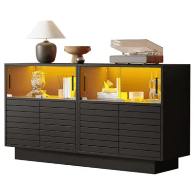 Produktbild von Sideboard mit 2 Kabinett, 4 Fächern, Glastüren, Beistellschrank mit LED-Licht, Wohnraumschrank mit viel Stauraum, modernes highboard