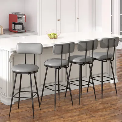 Image de Lot De 4 Tabourets De Bar Avec Dossier Et Assise Rembourrée, En Cuir Pu, Hauteur 65 Cm, Gris