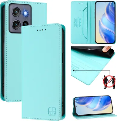 Image de Etui en cuir pour Motorola Edge 50 Neo, étui à rabat avec fentes pour cartes, portefeuille et support Turquoise