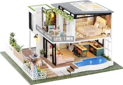 Image de Habarri | Maison Miniature - DIY Maison de Poupées - Maison en Bois avec Meubles et éclairage LED - Cadeau pour Enfants - Côte D'Azur
