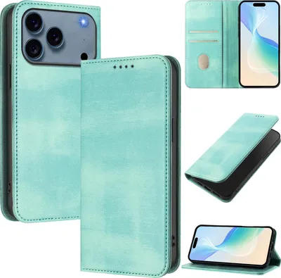 Produktbild von Handyhülle für iPhone 17 Pro, Vintage Leder RFID Schutz Kartenfach Standfunktion Magnetische Klapphülle Türkis