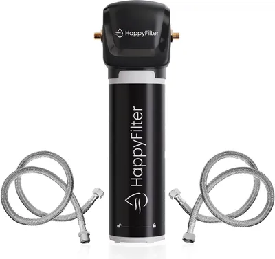 A black water filter with hoses attached, presented on a white background.