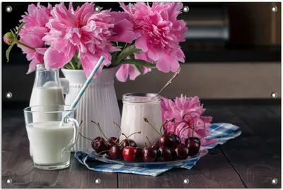 Produktbild von Wallario Outdoor-Poster für Garten oder Balkon, Motiv Milch mit Kirschen zum Frühstück mit rosa Blumenarrangement, in ca. 80 x 120 cm