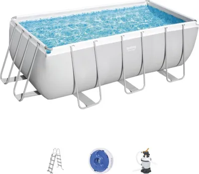 A rectangular swimming pool filled with water, supported by a metal frame, with accessories shown below.